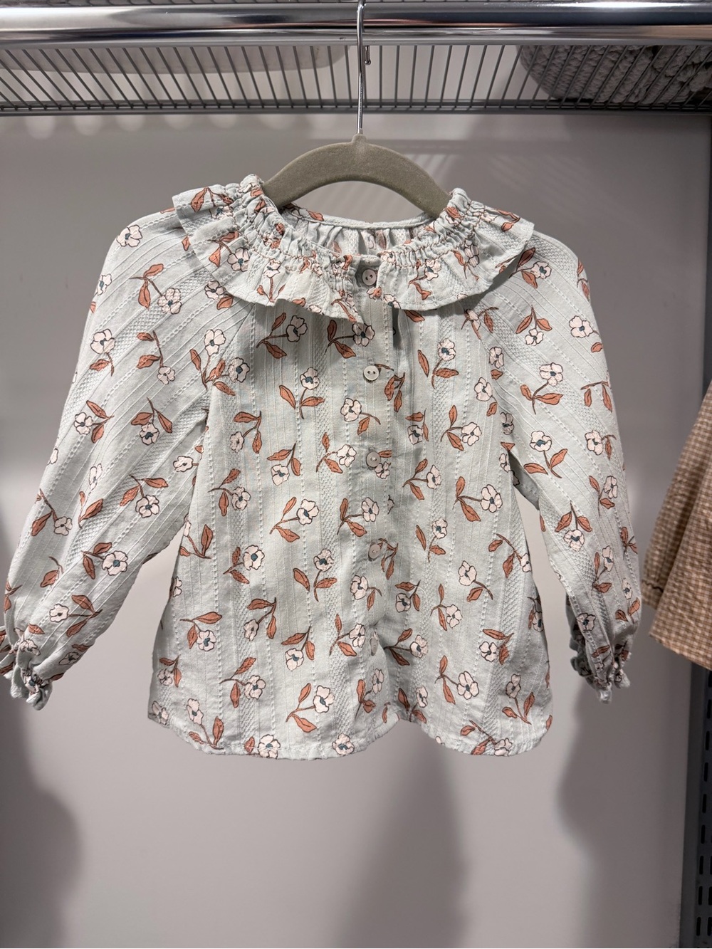 Zara Girls' Floral Ruffled Collar Blouse - Light Blue and Brown